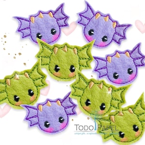 May include: A set of seven felt dragon appliques in green and purple. The dragons have gold horns and wings. The appliques are perfect for adding a whimsical touch to crafts and projects.