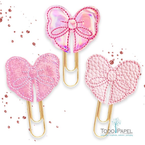 FELTIE Pink Bow Planner Paper Clips: Glitter, Holographic, Leatherette