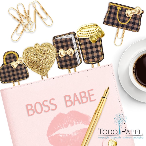 Luxury Planner Clips, Designer inspired brown checkered pattern. For Planners, Journals, Books. Boss Babe Planner accessories. Classy Tote.