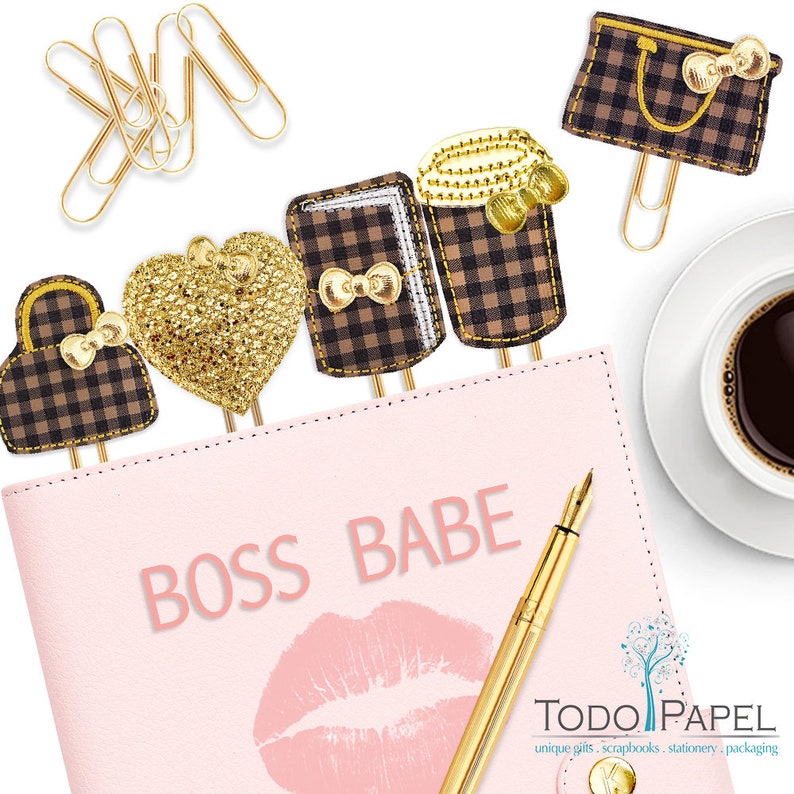 Luxury Planner Clips, Designer inspired brown checkered pattern. For Planners, Journals, Books. Boss Babe Planner accessories. Classy Tote. image 1