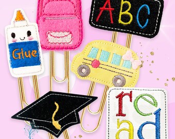 Back to School Paper Clips, Magnets or Brooch Pins - Novelty Planner Accessory. School Bus, Mortarboard, Kawaii Glue Bottle, Read, ABC, Bag