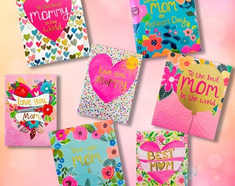 Cards for Mothers, Mom, Best Mommy in the world card, Love you Mom, Best Mom Colorful cards with gummed envelopes. 7 designs, blank cards