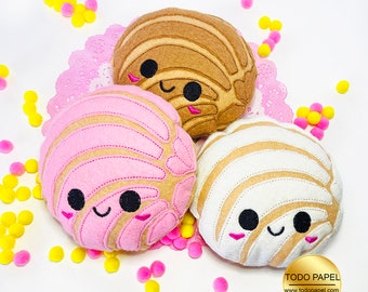 Kawaii Conchas mini Plushies, Pretend Play Food Pan dulce mexicano 3 sabores. Cocina de juguete ecológica de fieltro. Regalos divertidos para pequeños panaderos