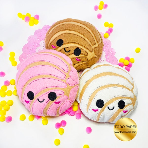 Kawaii  Conchas mini Plushies, Pretend Play Food Mexican pan dulce 3 flavors. Felt Eco friendly play kitchen. Fun gifts for Little Bakers