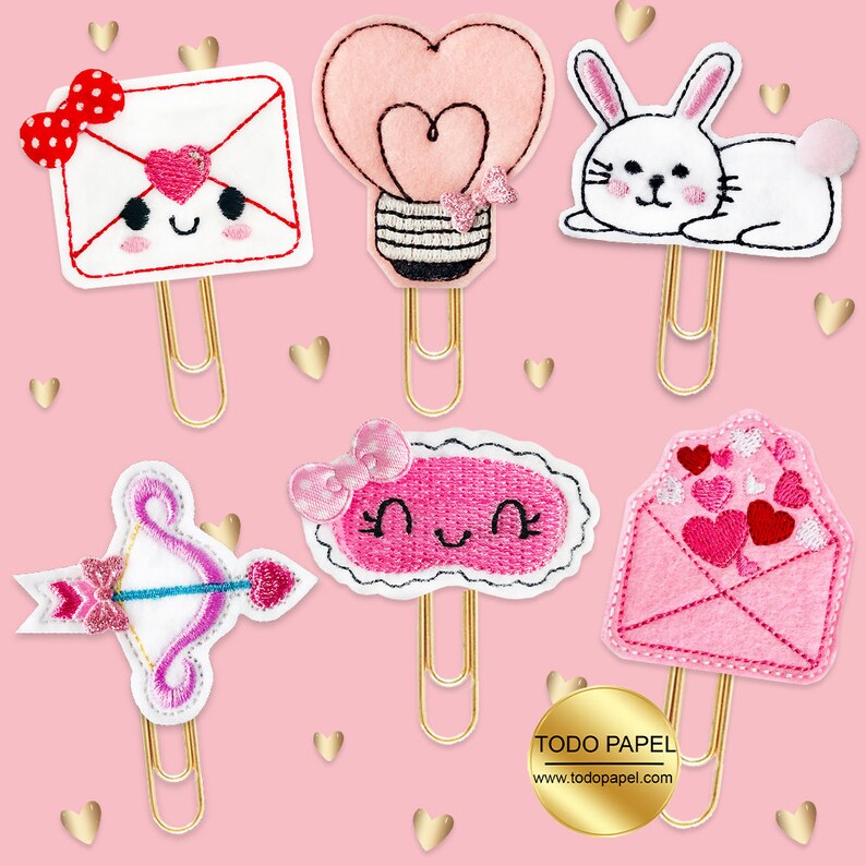 Novelty Felt Planner Paper Clips or Magnets Bow & Arrow, Kawaii Envelope, Light bulb, Pink envelope, Sleeping Mask, White Bunny. Adorable All 6 (Save)