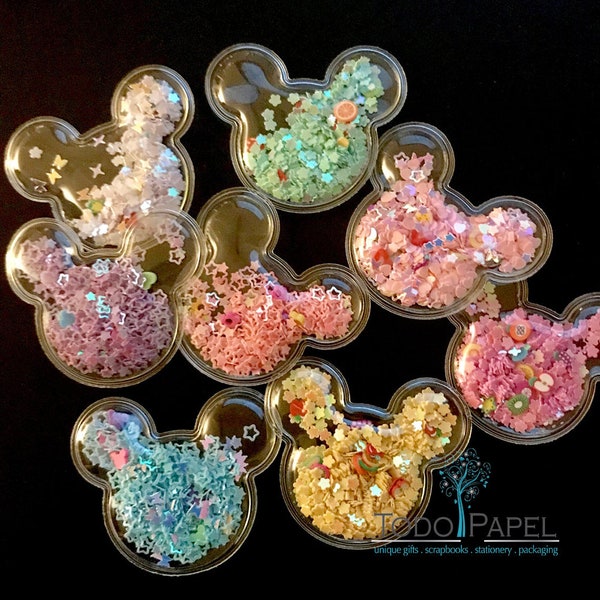 Color Sequin "Mouse" Ears Shaker embellishment set in 8 fun Colors - Clear PVC Vinyl Shakers filled with iridescent Stars & goody Confetti.