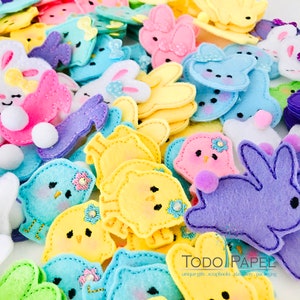 The Mega Spring FELTIE pack - 30 Assorted Spring Time Felt Embellishments. Bunnies, Peeps, Chicks, Bee - Party Favor and Cupcake Toppers