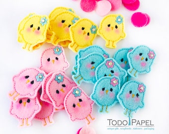 Cute Spring Chick with flower Felties. Pink, Blue and Yellow Felt Chicks - Spring Chick felt embellishments for bows, crafts, cards and more