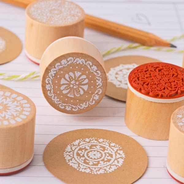 Circle doilies rubber stamp set . 6 styles . lace design . scrapbooking . card making . weddings . crafts . wood mounted