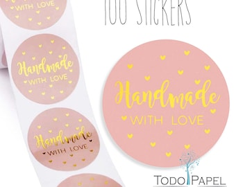 100 PCS - 1 inch Round Handmade with love stickers, business stickers, stickers pink gold foil stickers roll label.