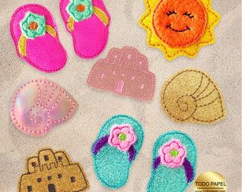 Summer Fun Felties: 9 diseños playeros para hacer lazos, adornos de regalo y accesorios para lazos para el cabello de temporada. Sandalias, Castillo De Arena, Conchas Marinas, Sol