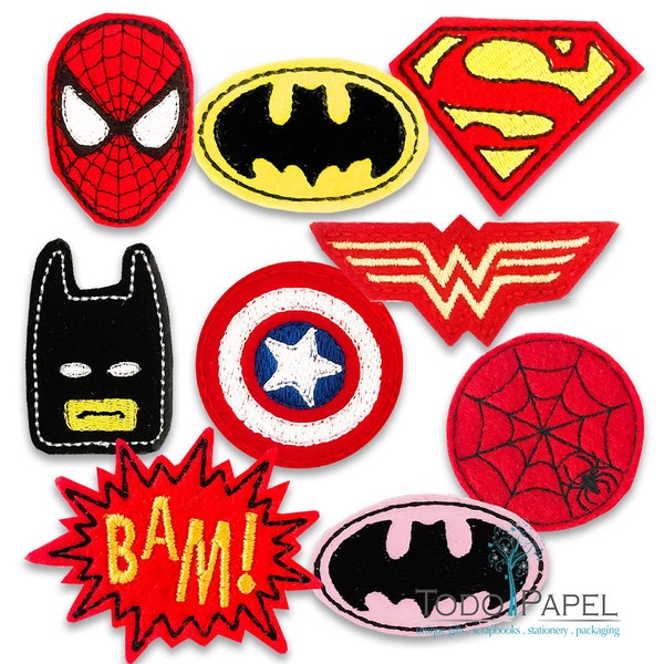 Superhero FELTIES. Choose from 9 Designs. Felt cupcake topper embellishment. Bow centers, crafts . Spider, Flying hero, Bat, American Hero