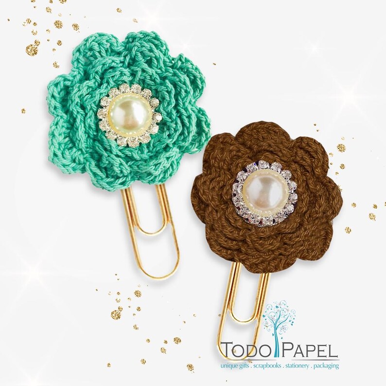 Crochet Flower Planner Paper Clip With Elegant Pearl and Rhinestone
