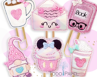 Lindos clips de papel para agenda con temática de Kawaii y ratón de color rosa. Accesorios Girl Planner para amantes de la papelería. Frappuccino, Amante de los libros, Cupcake de ratón