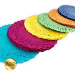 Fiesta Party Paper Lace Doilies 30pk 5 of Each color Turquoise, Violet, Yellow, Green,Tangerine, Blue Choose from 4/6/8/10/12/14 image 2