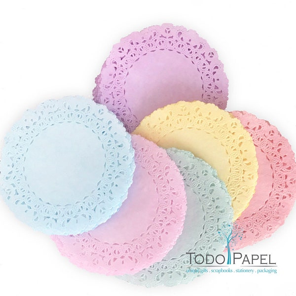 35 PASTEL Color Doilies Variety Set | 5 Doilies of each color, Yellow, Blue, Pink, Lilac, Mint, Coral, White; From Sizes 4/6/8/10/12/14 inch