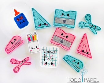 Kawaii School Felties for fun DIY school gifts, crafts bow making, scrapbooking, teachers gifts. Felt Embellishments, Rulers, Staplers, Glue