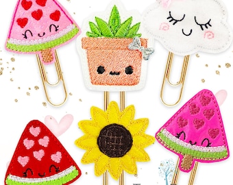 Ready for Summer Paper Clip, Magnet Brooch Pin Collection. Kawaii Succulent, Kawaii Watermelon, Sunflower feltie designs for Planners, Agend