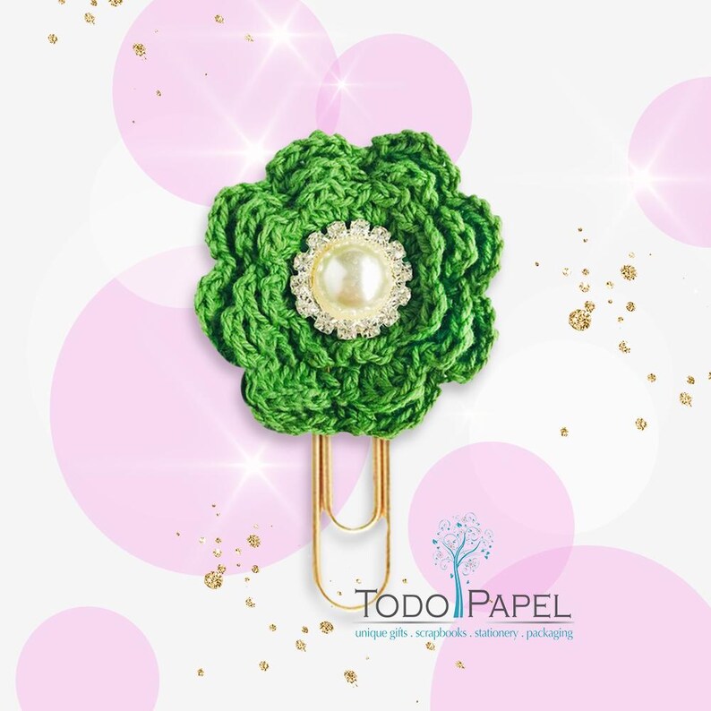 Crochet Flower Planner Paper Clip With Elegant Pearl and Rhinestone