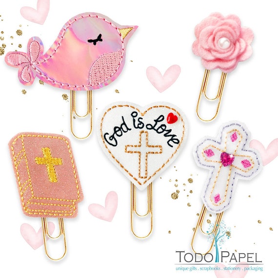 FELTIE Embroidered God is Love Planner Clips: Bible, Cross, Birdie - 5 Designs