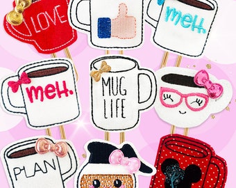 Mug Life Planner Paper Clips, Magnets or lapel pins. Coffee Lover gift. Fun Planner accessory 9 Designs. Kawaii Cup, Mouse Mug, Cup of Joe