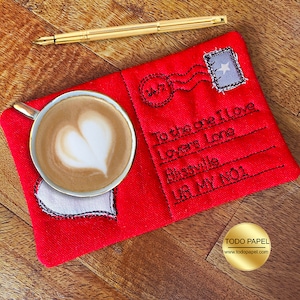 Love Letter Mug Rug Valentine Fabric Coaster Coffee Lover Love Gifts Hostess Gift, Embroidered Mug placemat gifts. Placemat for cups