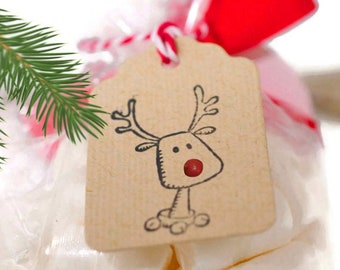 25pk & 50pk Hand made cute Rudolph the Red Nose Reindeer mini Chipboard tags | Gift Topper embellishments 1.25"x 1.75" - In 22pt Chipboard