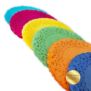 Fiesta Party Paper Lace Doilies 30pk 5 of Each color Turquoise, Violet, Yellow, Green,Tangerine, Blue Choose from 4/6/8/10/12/14 image 1