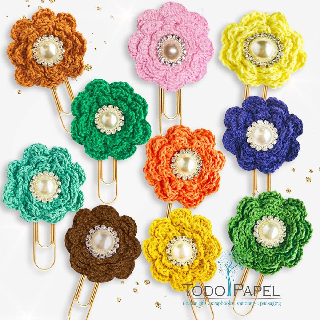 Crochet Flower Planner Paper Clip With Elegant Pearl and Rhinestone