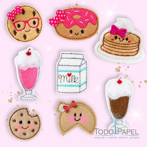 May include: Set of eight felt appliques featuring various food items, including a doughnut, cookie, milk carton, pancakes, and a fortune cookie. Each applique has a cute cartoon face and is decorated with details like sprinkles, chocolate chips, and a cherry.