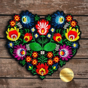 Large Floral Heart Embroidered Patch. Mexican Style embroidered heart Iron On Or Sew On Patch for Jackets, Quilts, Craft Projects. 7.75"x7"