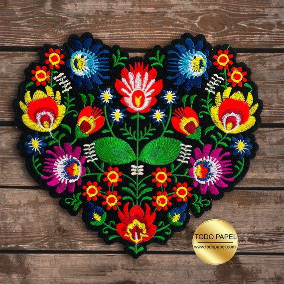 Parche bordado de corazon floral grande. Parche bordado con corazon estilo mexicano para planchar o coser para chaquetas edredones y proyectos de manualidades. 7 75x7 Etsy Mexico