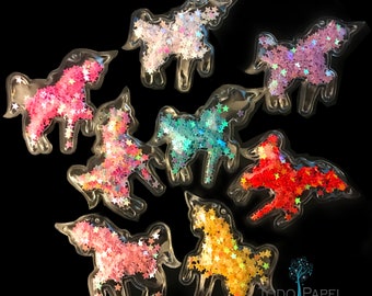 Color Sequin Iridescent Unicorn embellishments - Set of 8 Fun Colors - Clear PVC Unicorn Shakers filled with dazzling confetti Stars -