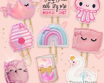 FELTIE Pink Planner Paper Clips, Magnets, Brooch – Handmade Vinyl & Felt Bookmark Gifts
