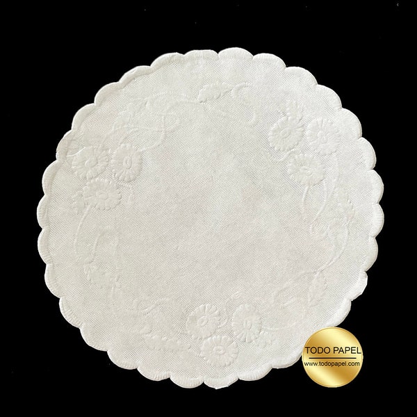 4" WHITE Floral Linen Design Paper Doilies | Stylish Paper Coasters for Weddings, Showers, Cupcake platter, crafts, invitation embellishment