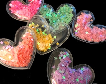 Color Sequin Iridescent Hearts Shaker embellishments - Set of 6 Fun Colors - Clear PVC Heart Shakers filled with dazzling confetti Stars -