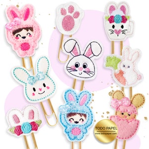 Cute Bunny Planner Accessories. Bunnylicious Paper Clip Collection. 9 adorable Feltie designs. Choose Paper Clips, Magnets or Brooch Pins