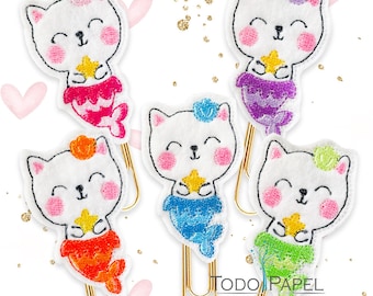 Kitty Mermaid Rainbow Collection de 5 diseños de clips de papel Novelty Planner, imanes, broches. Accesorios y regalos de Kitten Planner, Marcador de libros