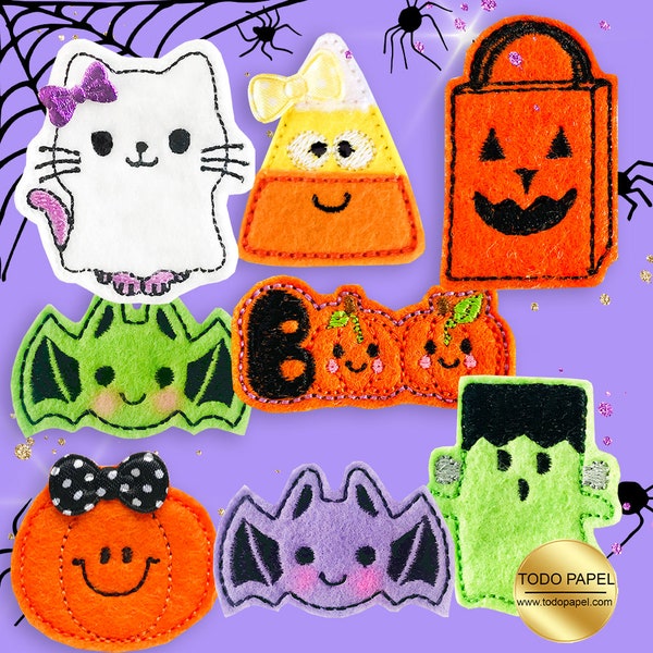 Halloween FELTIES. Spooky Cute designs. Kitty Ghost, Kawaii Bats, Frankenstein Ghost, Candy Corn, Pumpkin. Fun Holiday Felt craft supplies.