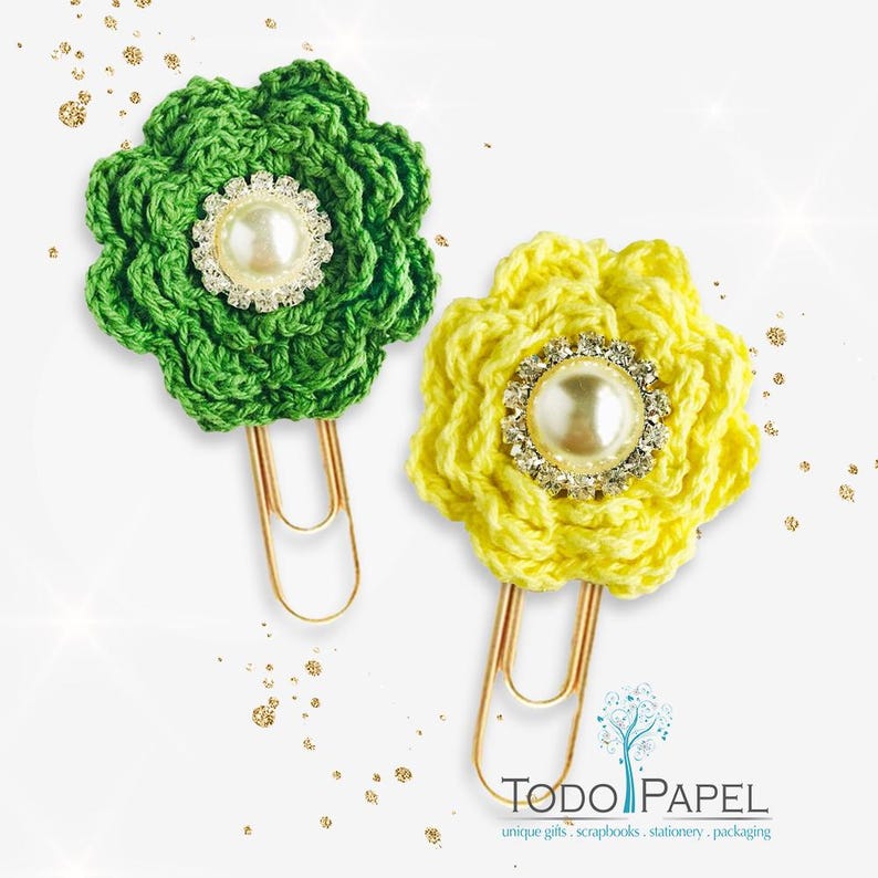 Crochet Flower Planner Paper Clip With Elegant Pearl and Rhinestone