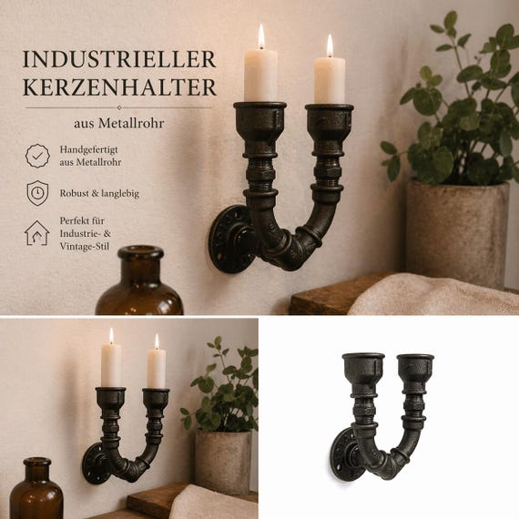 Wandkerzenhalter Industrial Vintage Schwarz Metall | Handgefertigter Kerzenhalter Wand Rustikal Loft Landhaus Deko Geschenk