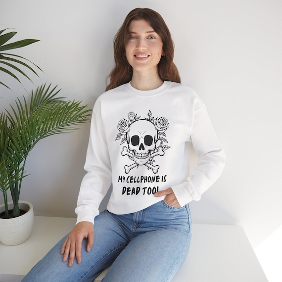 Retro Gothic Tee Skull Sweatshirt Funny Casual Unisex Crewneck, Cellphone Joke, Edgy Streetwear, Cotton