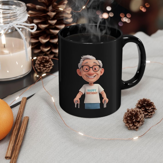 Happy Birthday Cartoon Grandpa Mug | Black Ceramic Coffee Mug