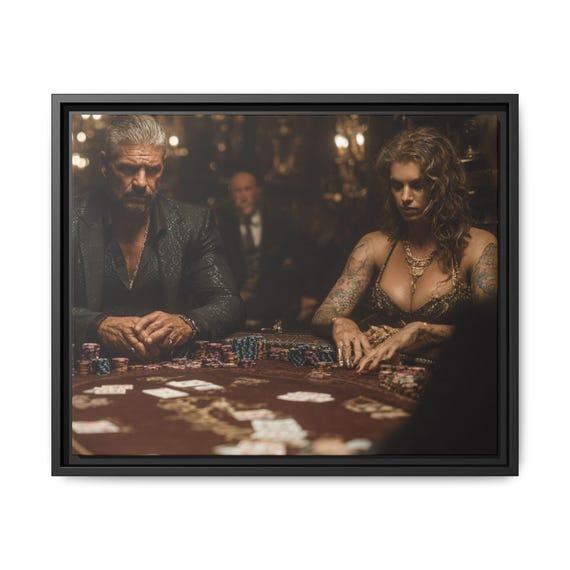 Vintage Casino Poker Scene Matte Canvas Wall Art, Framed Gritty Gambling Game Room Decor
