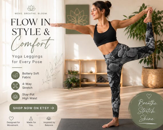 Yoga Leggings, Monochrome Peony Pattern | Floral All-Over Print | Athleisure & Casual Wear
