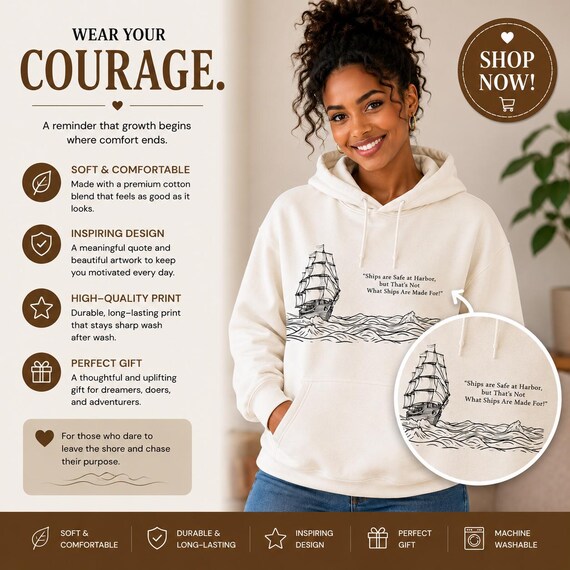 Vintage Sailing Ship Sketch Hoodie | Nautical Ocean Waves Quote| Boater's Gift