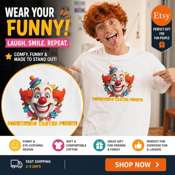 Smiling Clown Face T-Shirt | Colorful Circus Graphic, Retro Carnival Text