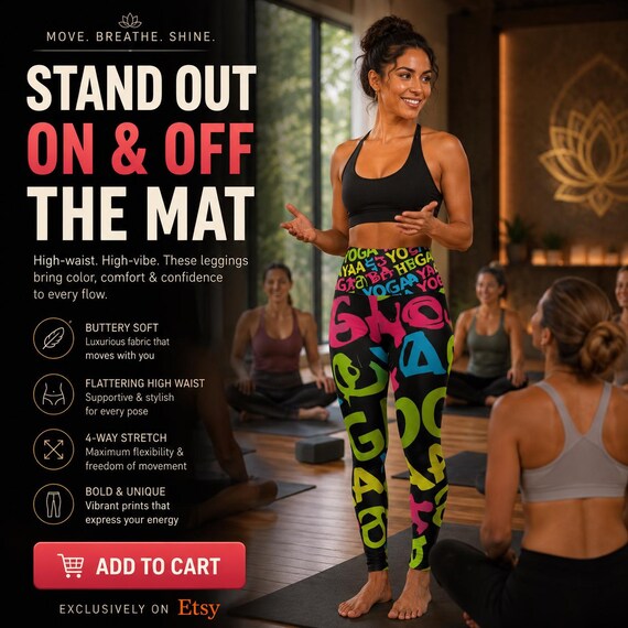 High Waisted Yoga Leggings, Colorful Graphic Print, Polyester and Spedex
