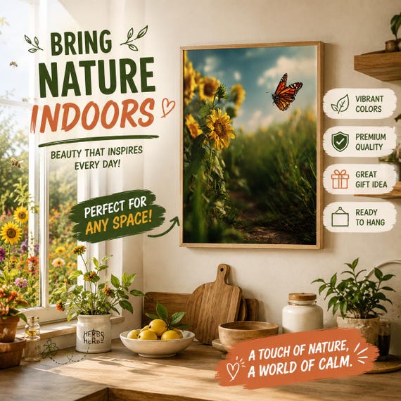 Nature Poster, Butterfly & Sunflower Field Matte Hanging| Wall Art