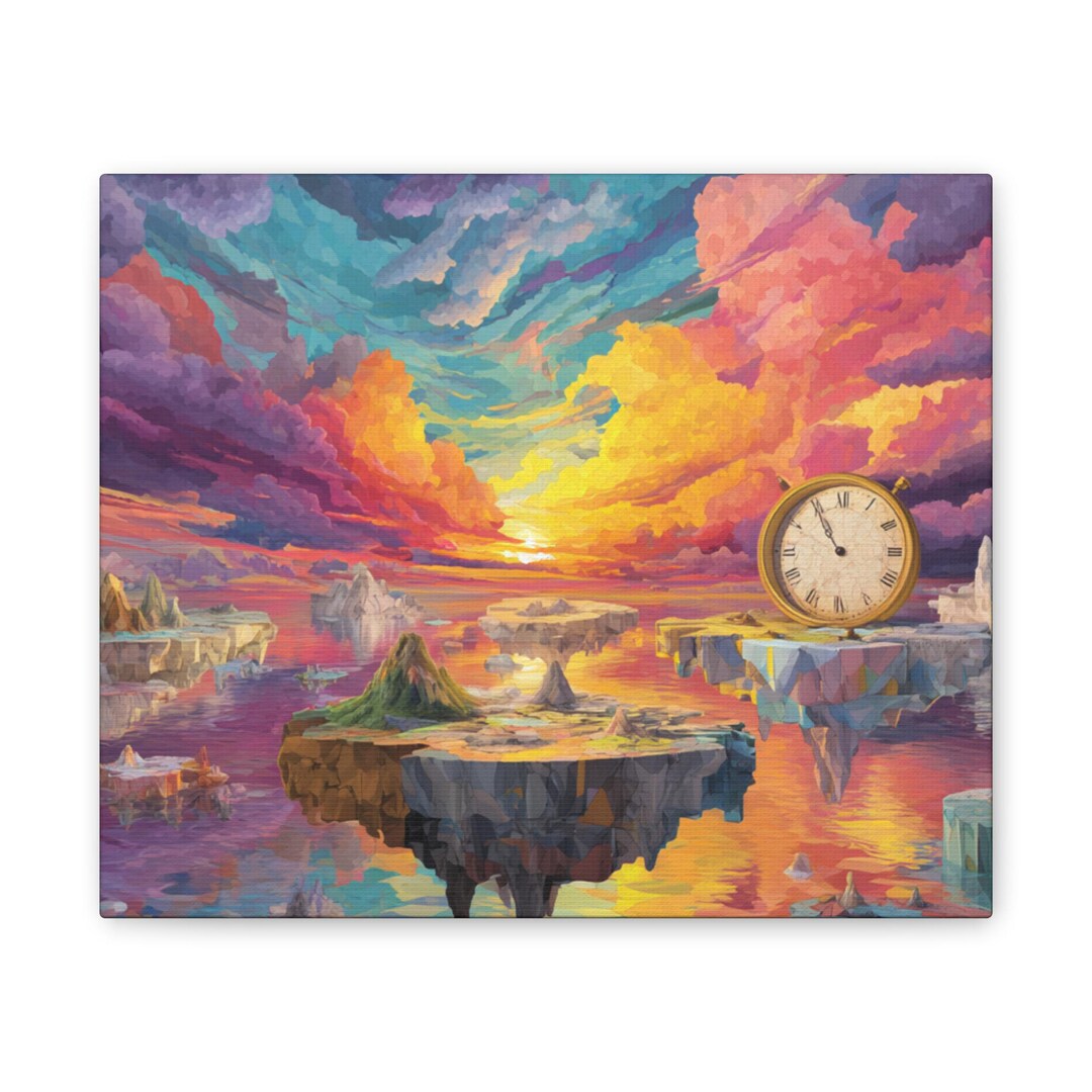 Surreal Sunset Art,islands With Clock Canvas | Floating Landscape ...